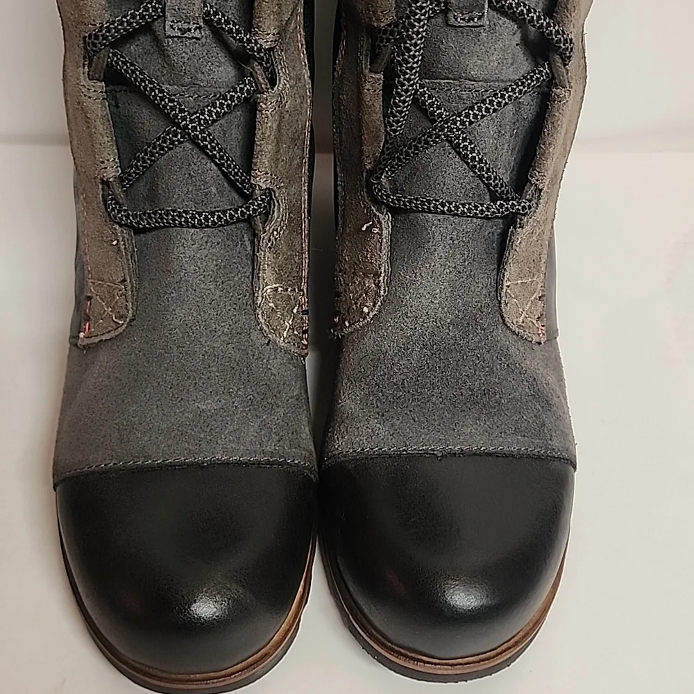 Sorel Cate The Great Sz8.5  Black Gray Olive Lace-up Tall 3.5 Hidden Wedge Boots - Picture 4 of 12
